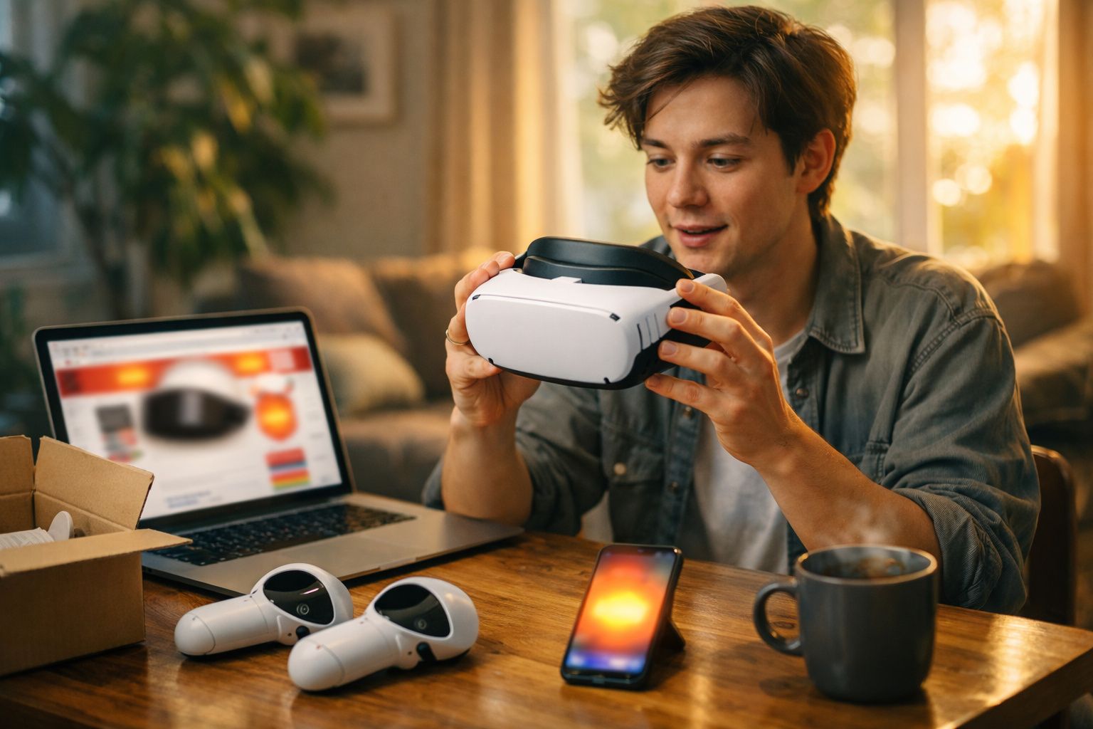 Homem segurando óculos de realidade virtual perto de laptop, controles e celular em uma mesa.