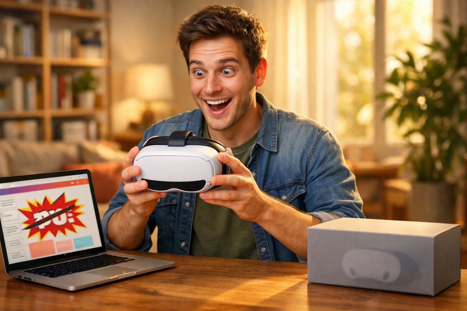 Homem animado segurando óculos de realidade virtual em ambiente doméstico com laptop na mesa.