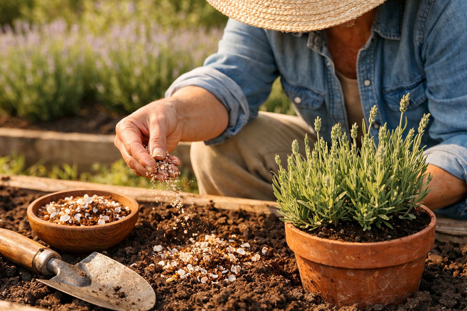 Pessoa aplicando fertilizante em húmus ao lado de planta de lavanda em vaso de barro.