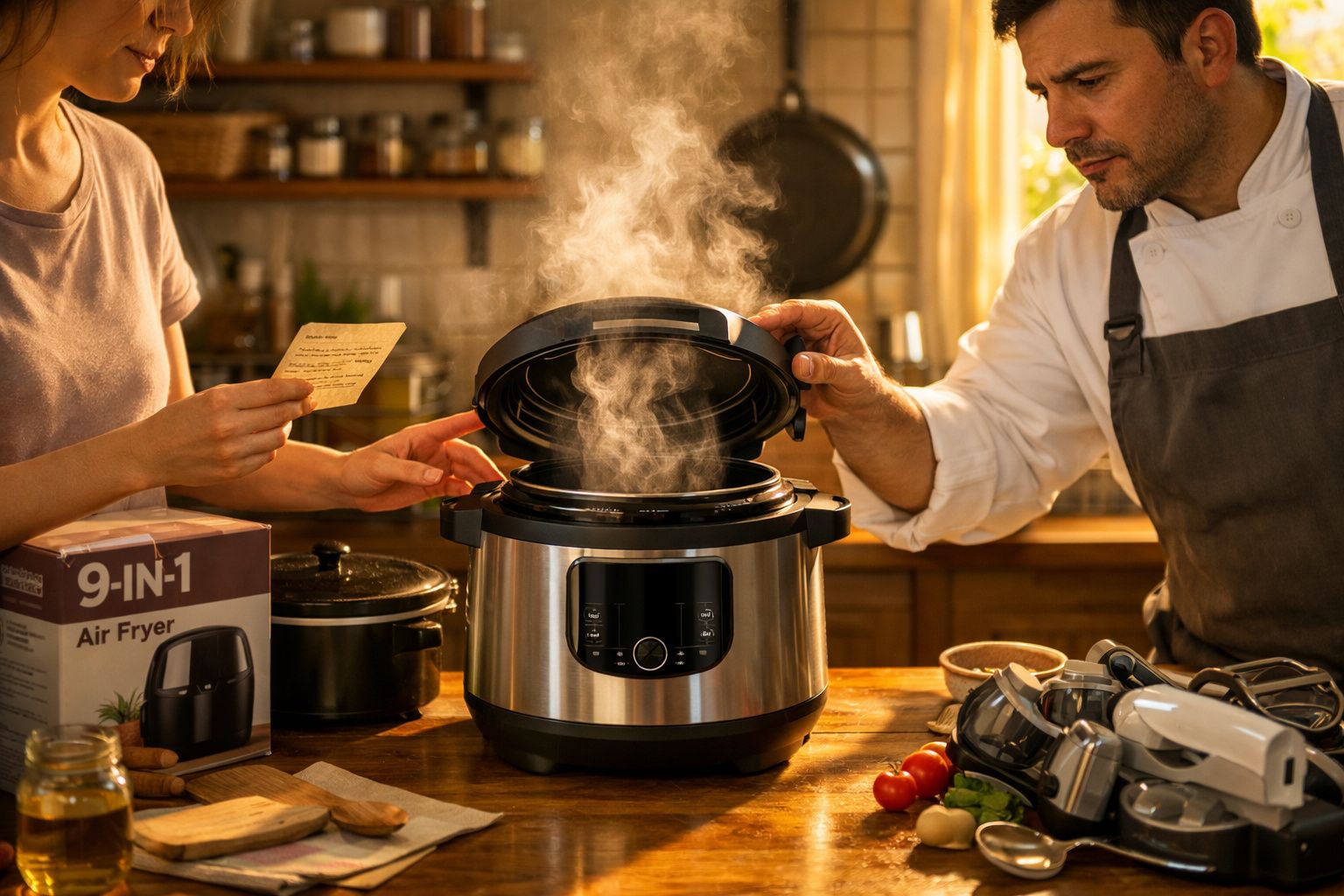 Casal usando panela elétrica para cozinhar, com vapor saindo e receita em mãos na cozinha iluminada.