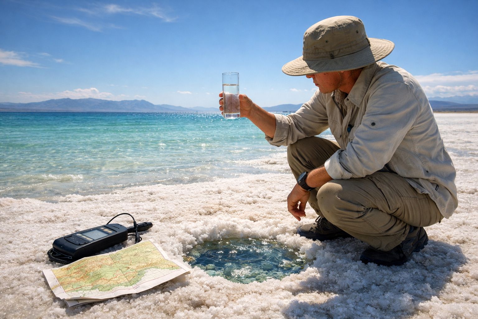 Homem agachado em área salina segura copo com água junto a buraco e equipamentos de medição e mapa.