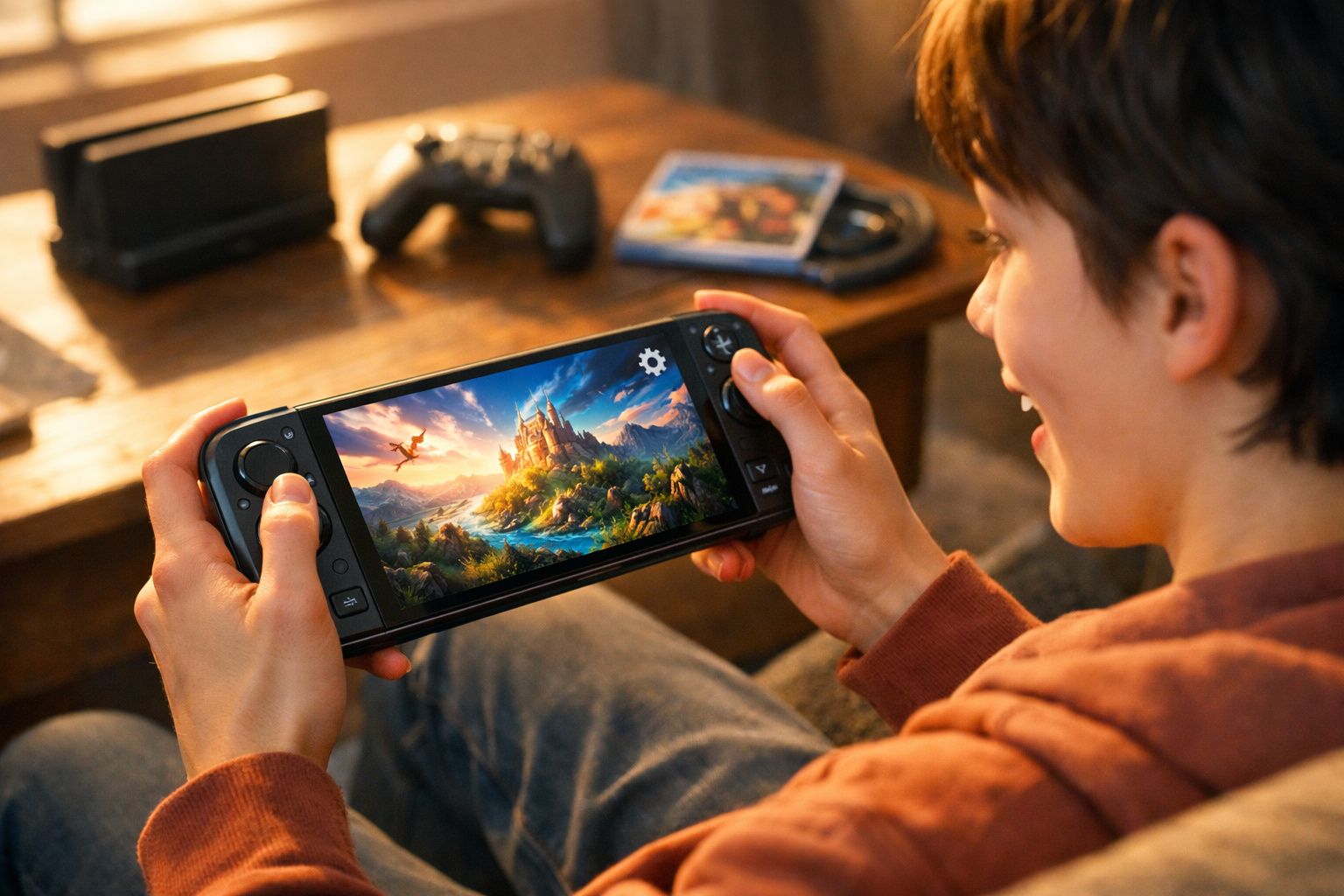 Pessoa segurando console portátil jogando videogame com castelo e dragão na tela colorida.