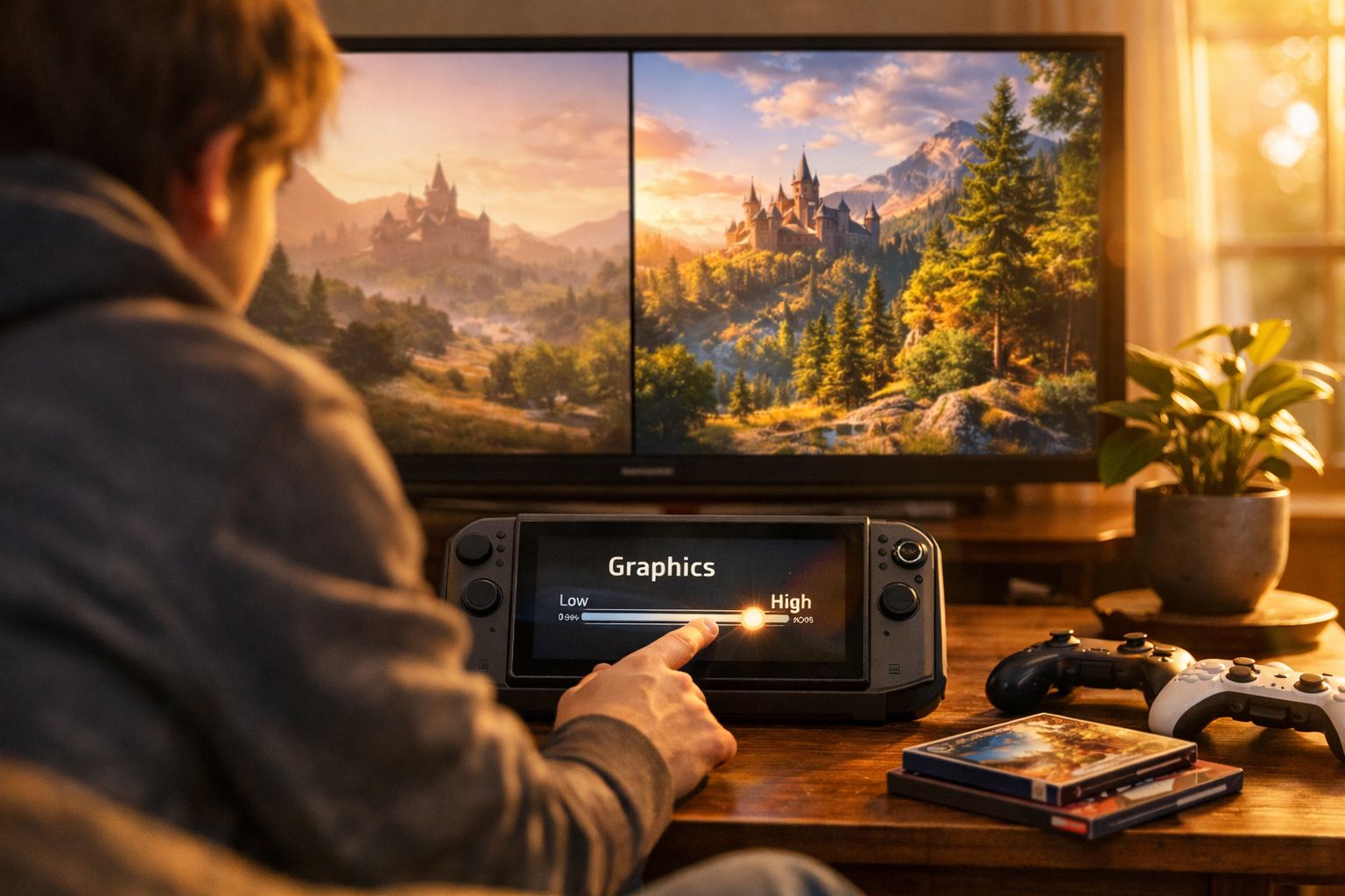Pessoa ajustando a qualidade gráfica de um jogo em console portátil com paisagem de castelo na tela grande.