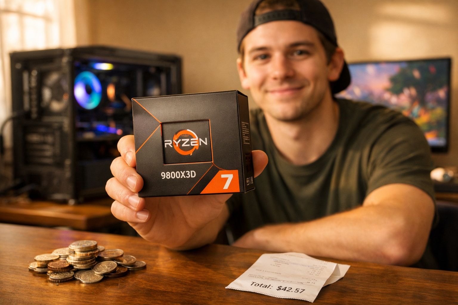 Jovem segurando caixa do processador AMD Ryzen 7 9800X3D com moedas e comprovante na mesa.