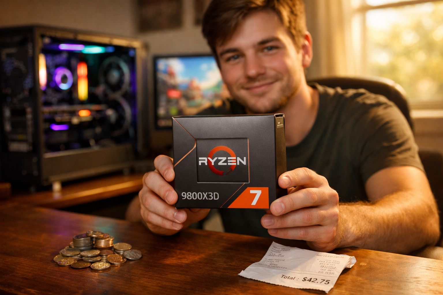 Jovem segurando caixa do processador Ryzen 7 9800X3D com computador e moedas ao fundo.