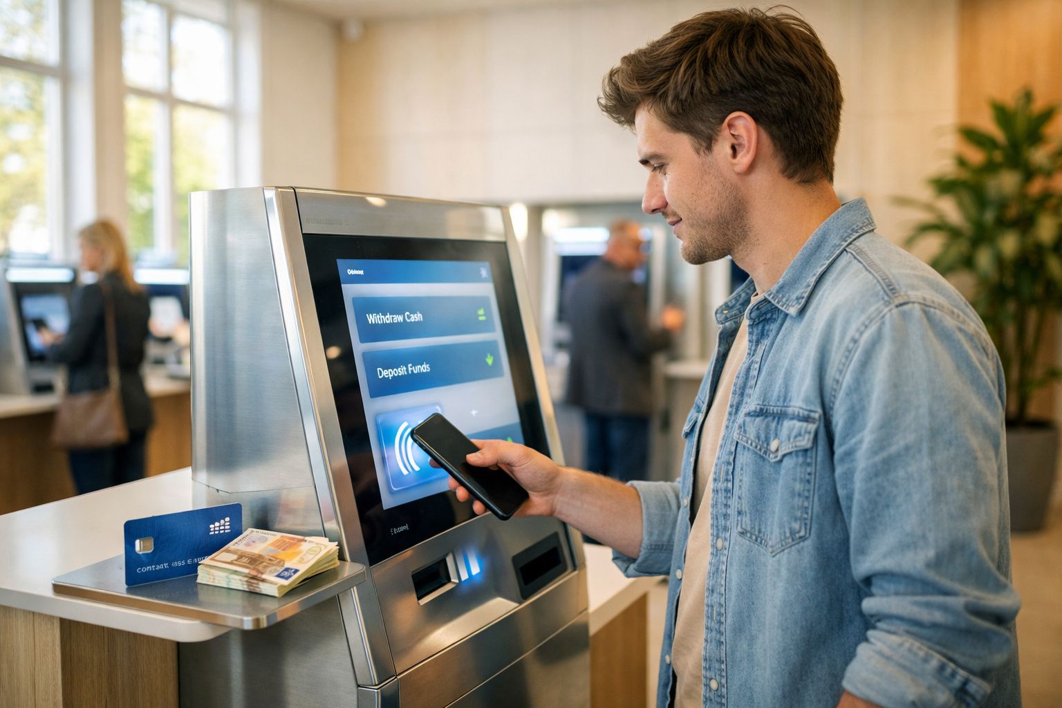 Homem usando smartphone para realizar transação em caixa eletrônico com cartão e dinheiro ao lado.