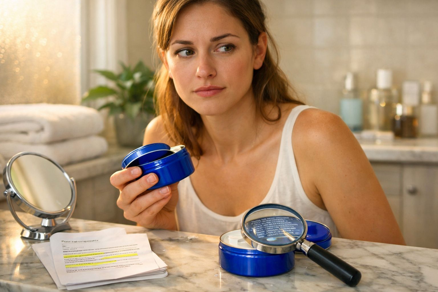 Mulher olhando para lado enquanto segura pote azul de creme em banheiro com documentos na bancada.