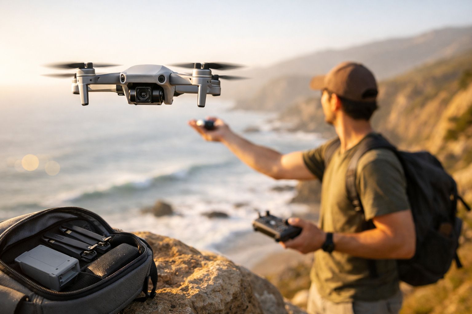 Homem controla drone com controle remoto em penhasco à beira-mar durante pôr do sol.