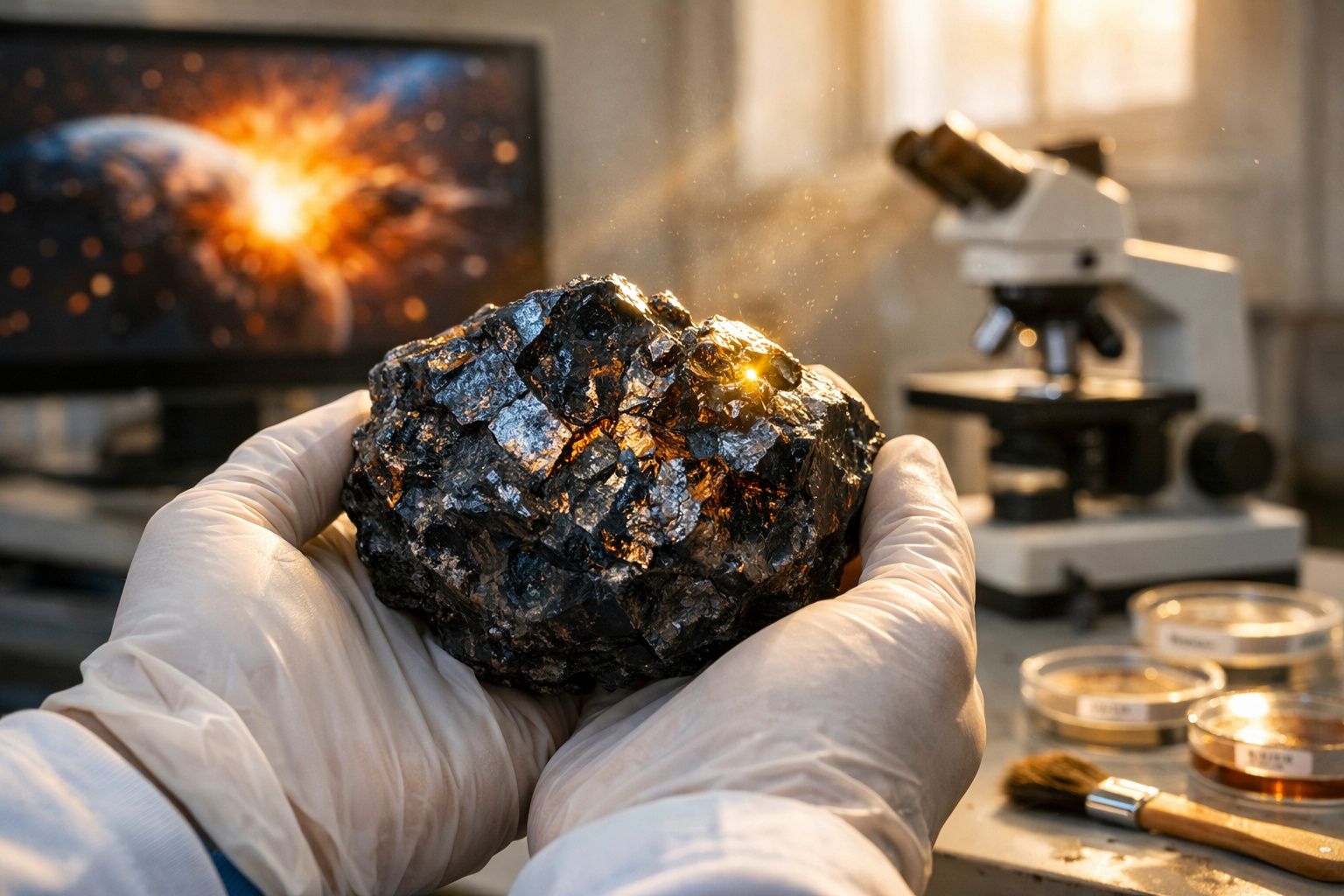 Mãos com luvas segurando um meteorito preto brilhante em laboratório com microscópio e tela de explosão espacial.