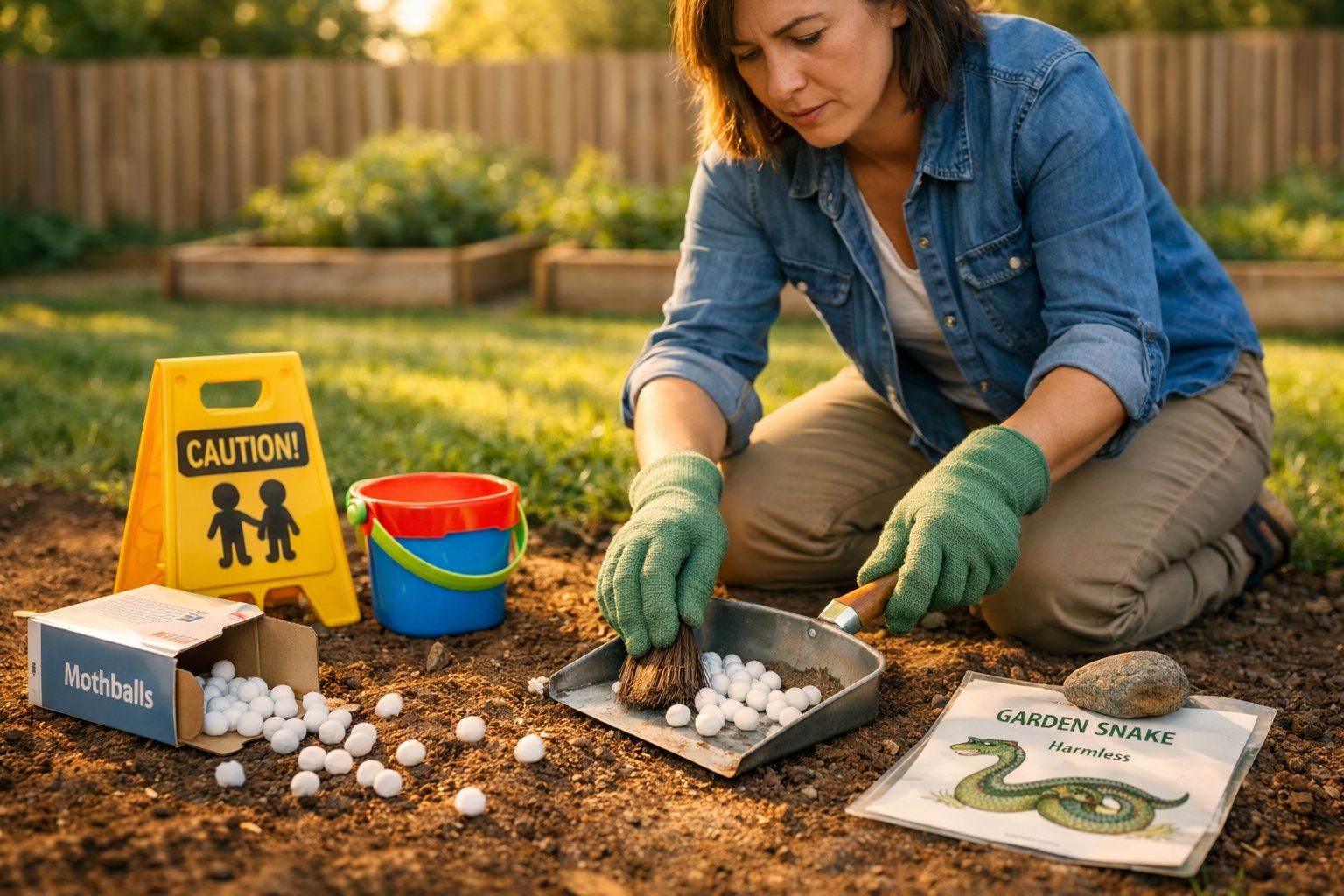 Mulher agachada usando luvas verdes limpando pellets brancos no chão do jardim com pá e escova.