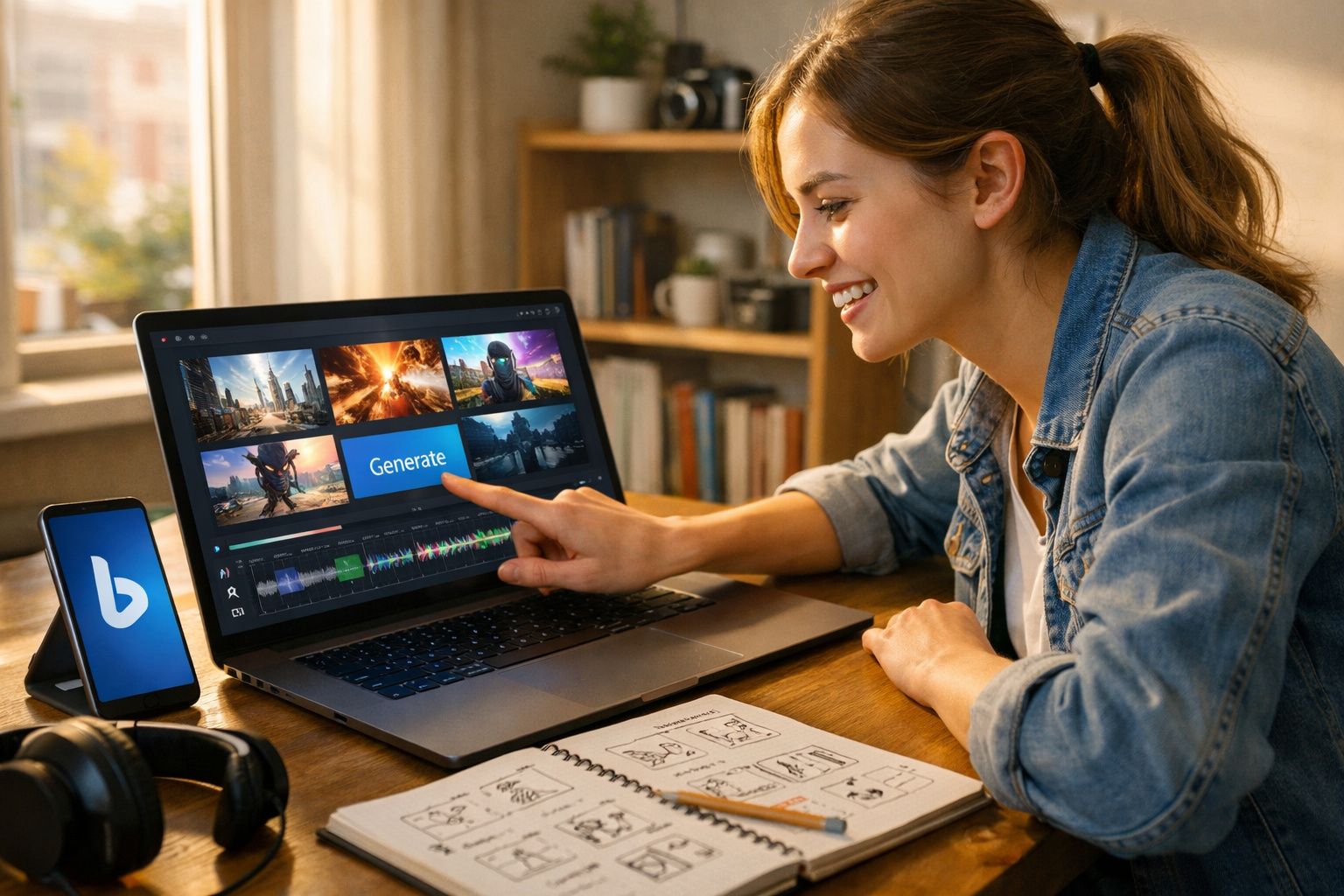 Mulher sorrindo usa laptop para editar vídeos enquanto toca botão "Generate" sentada à mesa com smartphone e caderno.