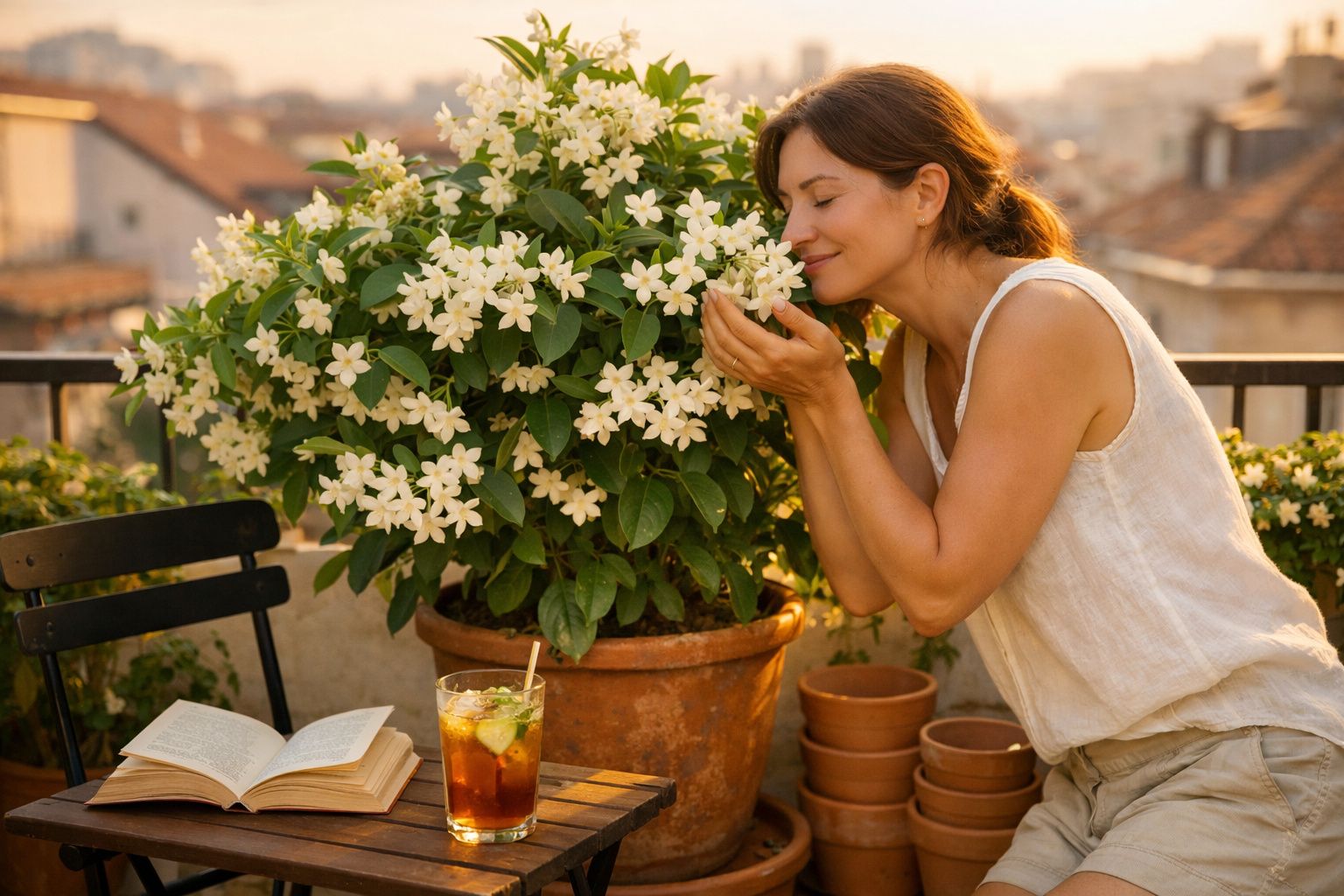 Mulher cheirando flores brancas em vaso grande em varanda com livro e chá gelado na mesa.