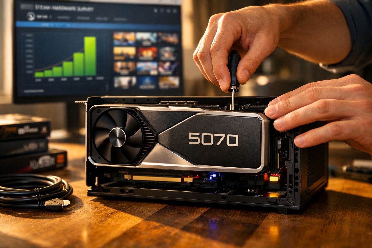 Mãos instalando uma placa de vídeo 5070 em um computador pequeno sobre mesa de madeira.