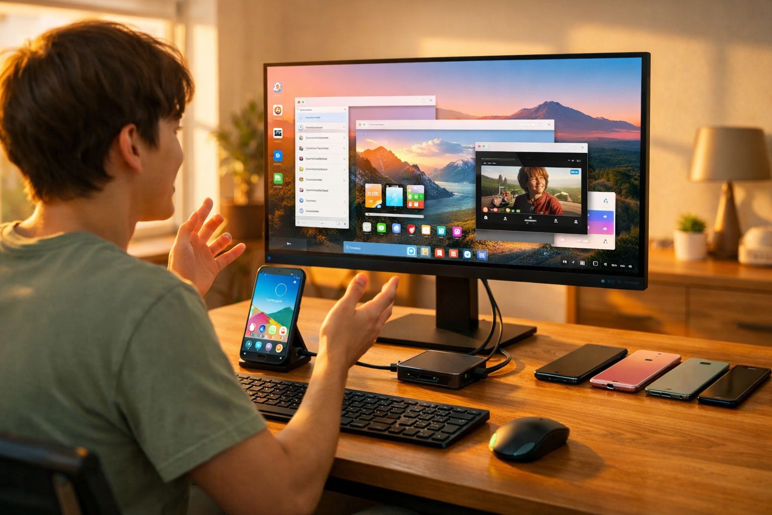 Pessoa usando smartphone conectado a monitor grande para multitarefa em ambiente iluminado e organizado.