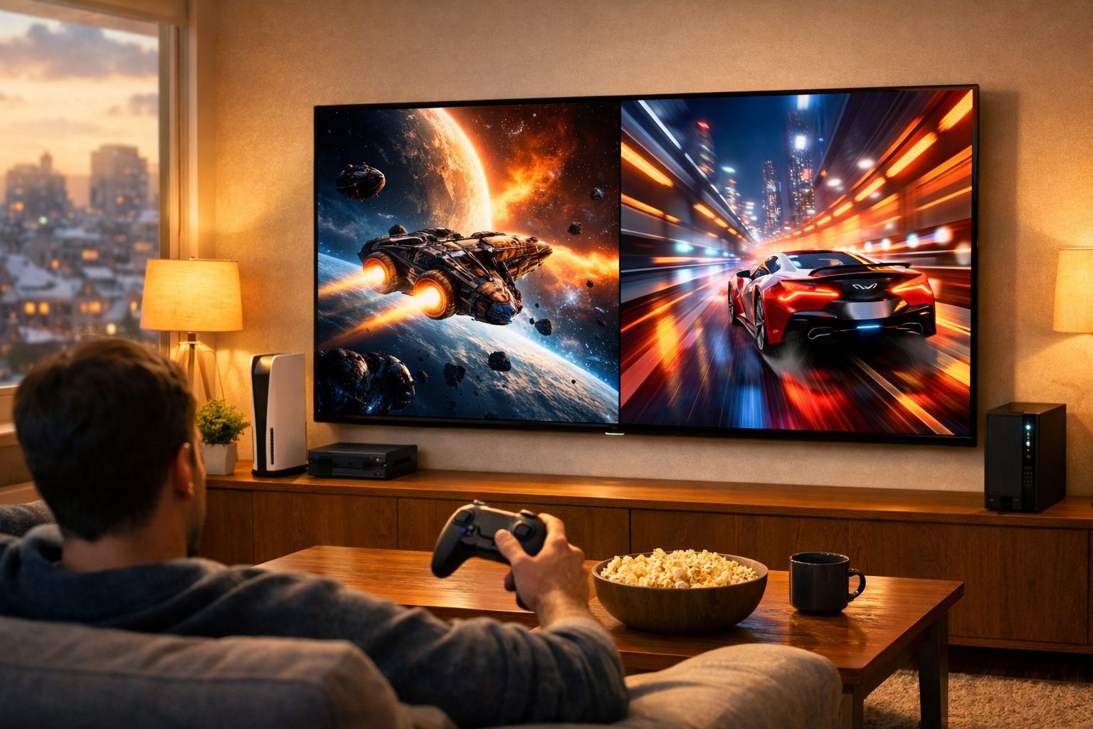 Homem segurando controle de videogame assistindo a jogo de nave espacial e corrida de carro na TV.