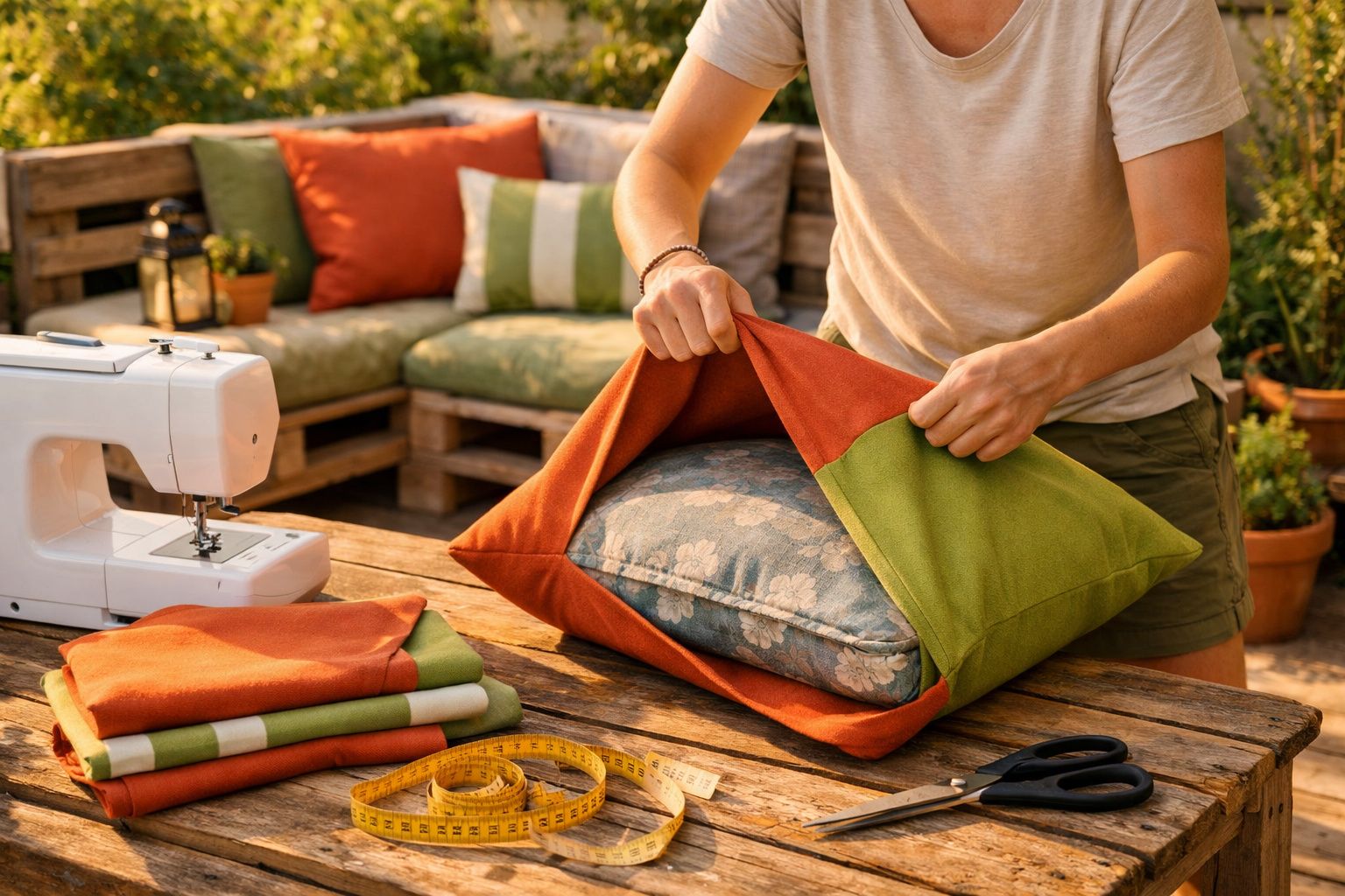 Pessoa colocando capa colorida em almofada em mesa com máquina de costura, tesoura e fita métrica.