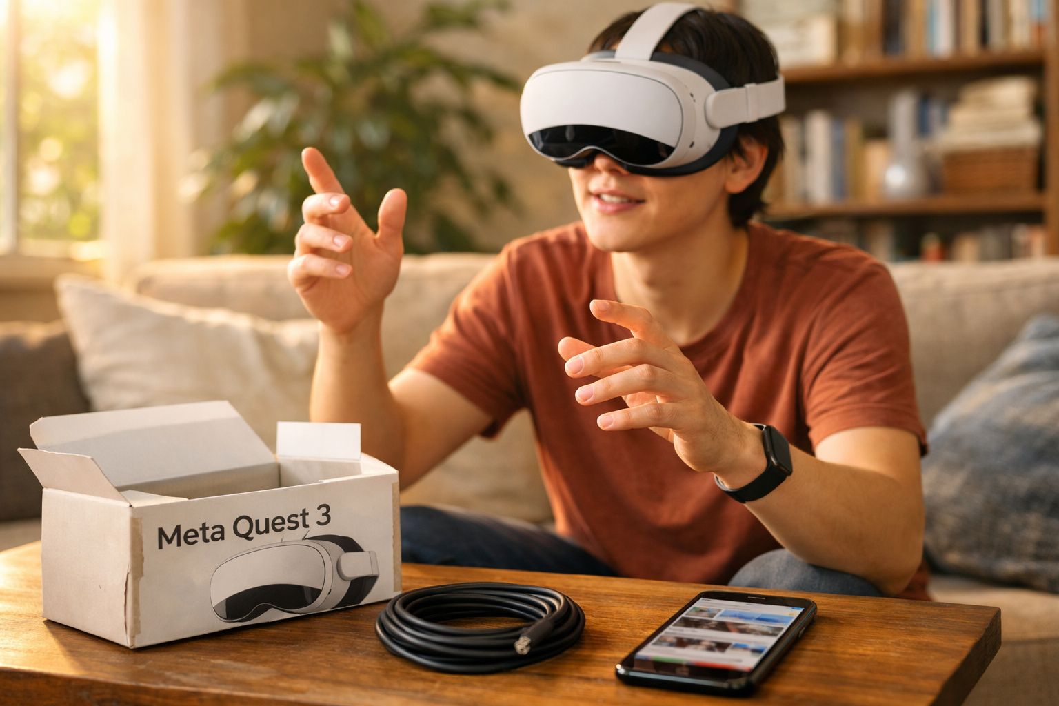 Pessoa jovem usando óculos de realidade virtual Meta Quest 3 em sala, com caixa e acessórios na mesa.