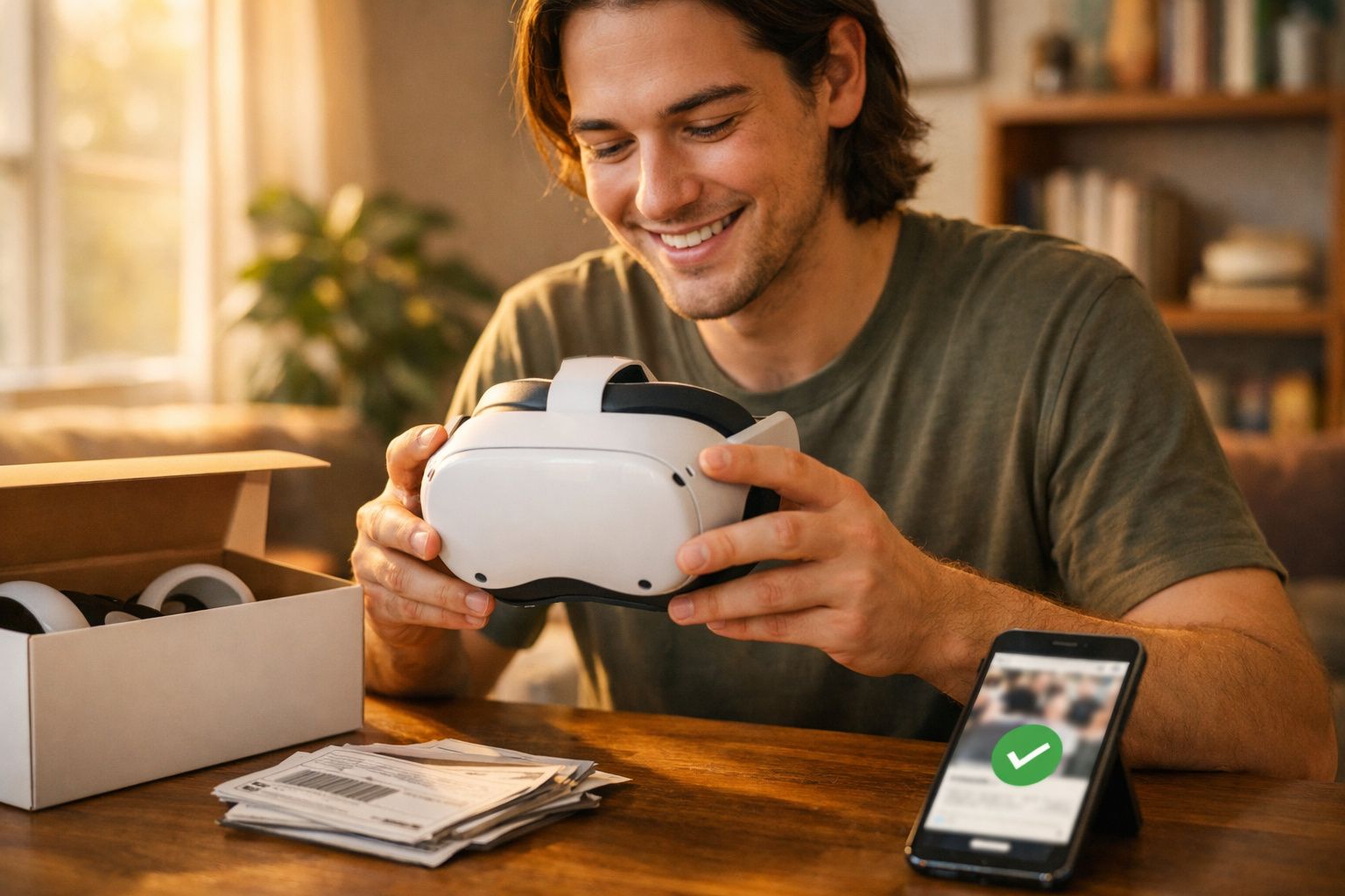 Jovem sorrindo segurando um óculos de realidade virtual em uma mesa com smartphone e caixa.