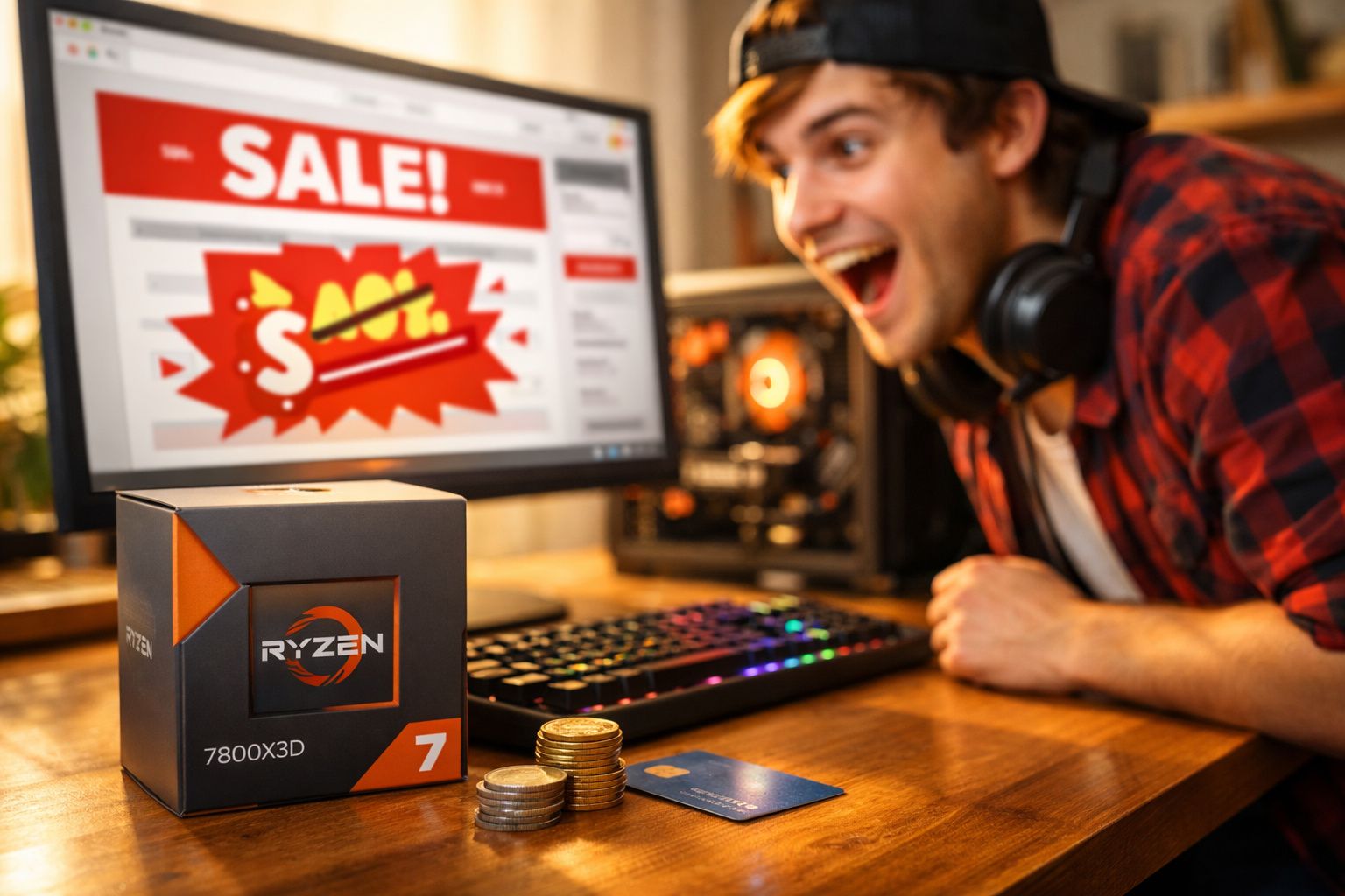 Pessoa animada comprando processador Ryzen 7 7800X3D em promoção pela internet.