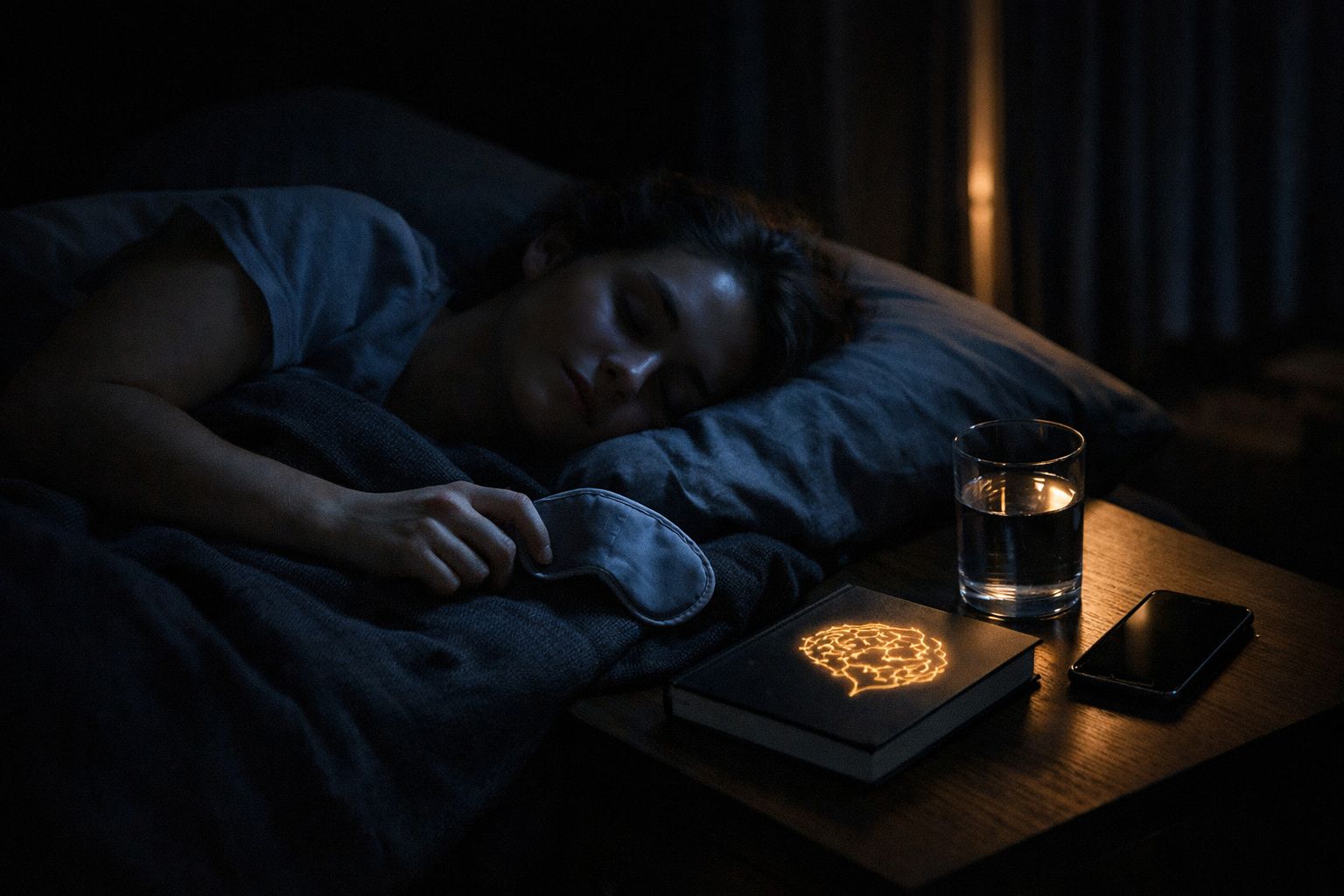 Mulher dormindo em quarto escuro com máscara de dormir, copo de água, livro e celular na mesa ao lado.