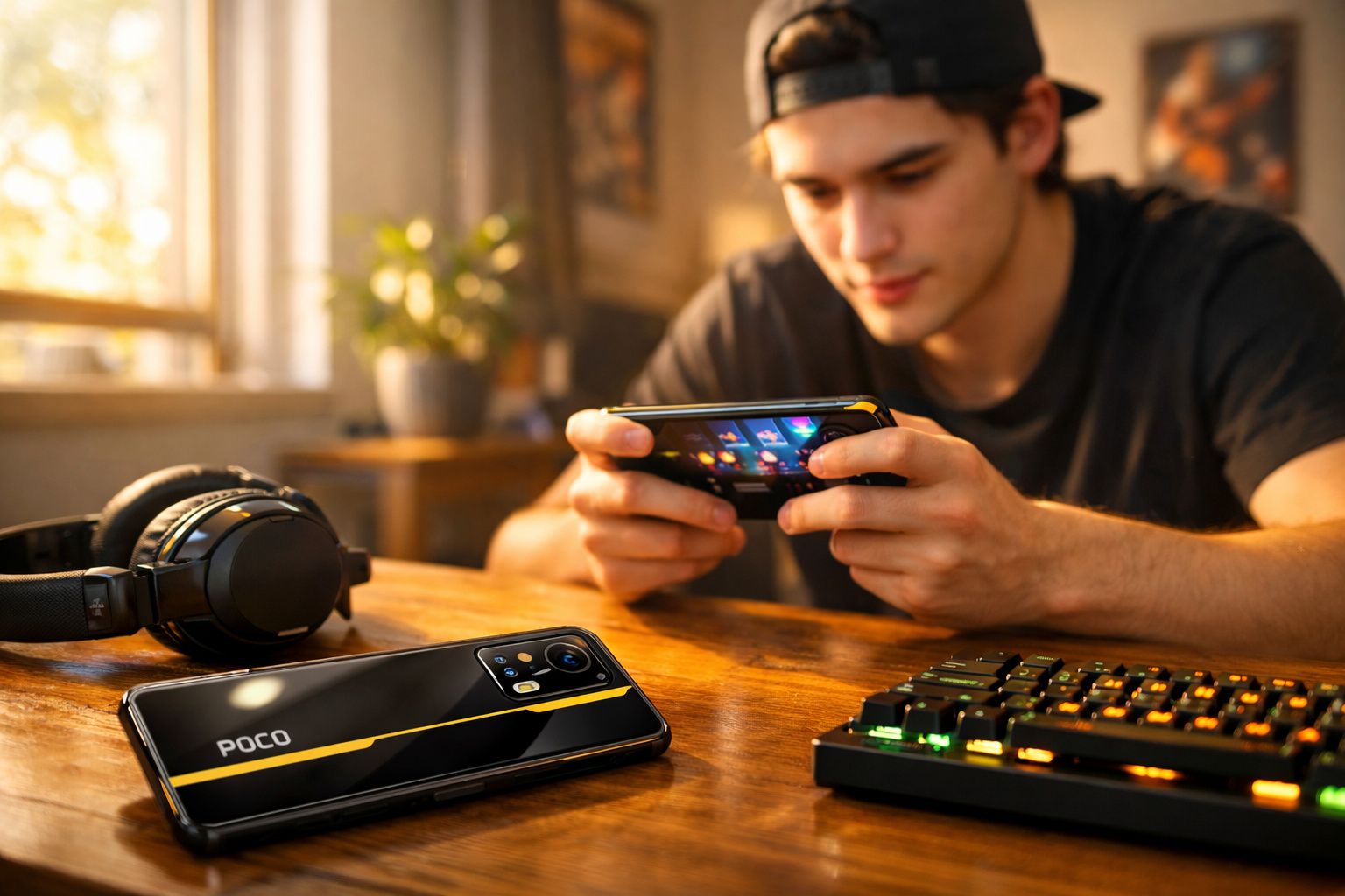 Jovem jogando em smartphone com fones, teclado e celular Poco em mesa de madeira iluminada pelo sol.