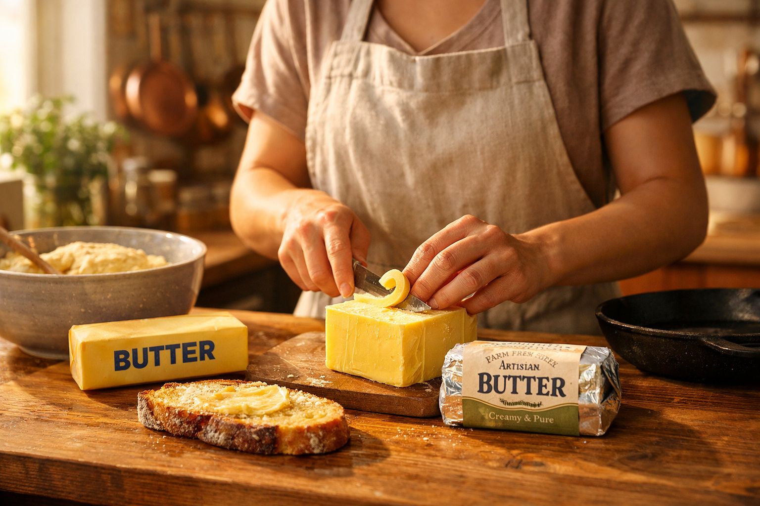 Pessoa raspando manteiga de bloco para colocar em fatia de pão na cozinha rústica.
