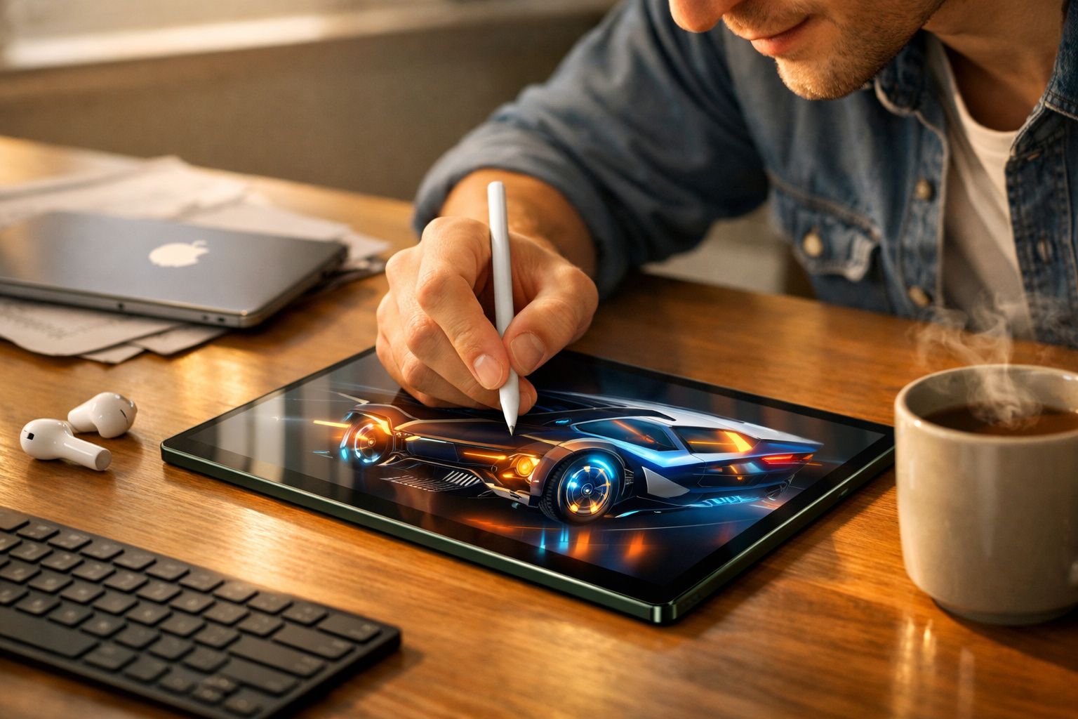 Pessoa desenhando um carro futurista numa tela digital usando caneta em mesa com xícara e acessórios.