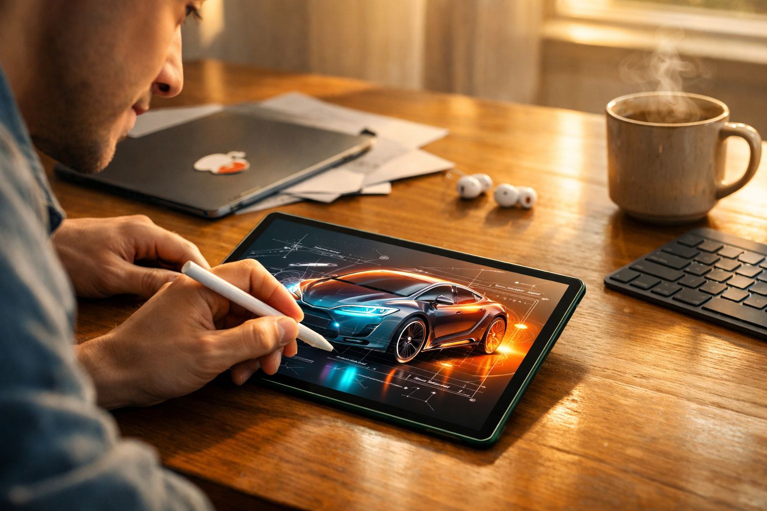 Pessoa desenhando um carro esportivo em um tablet com caneta digital em mesa de madeira com café.