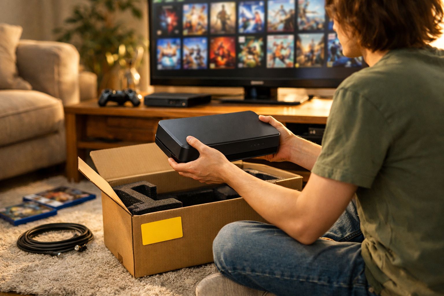 Pessoa desembrulhando console de videogame com TV e controles ao fundo em sala aconchegante.