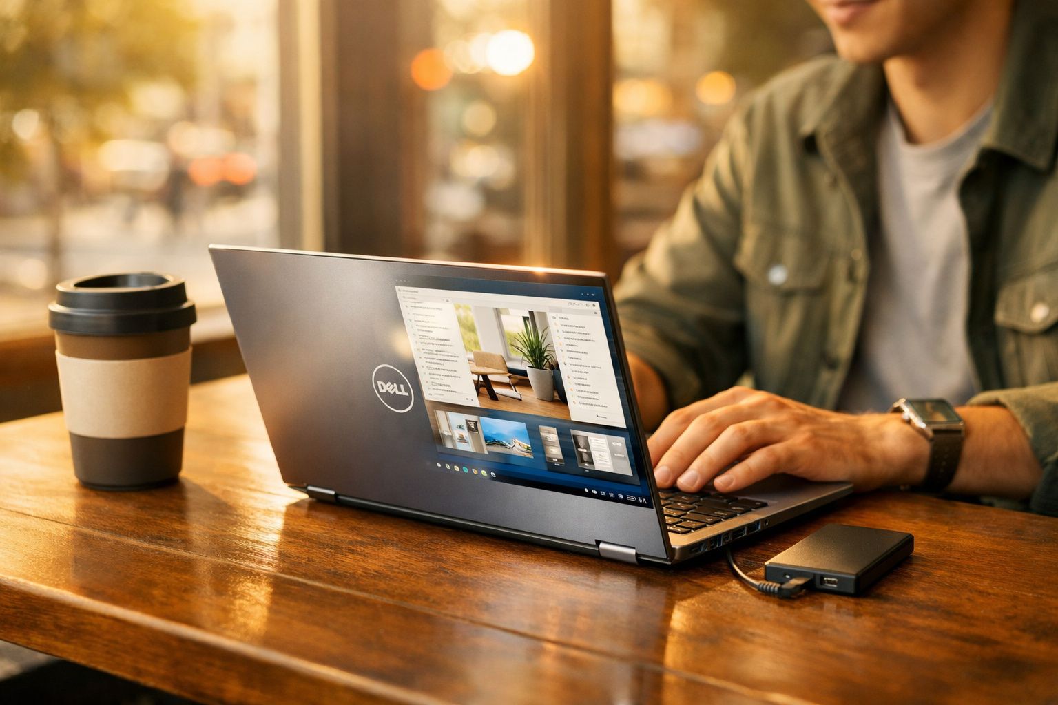 Pessoa usando laptop Dell com disco rígido externo e copo de café em mesa de madeira em ambiente iluminado