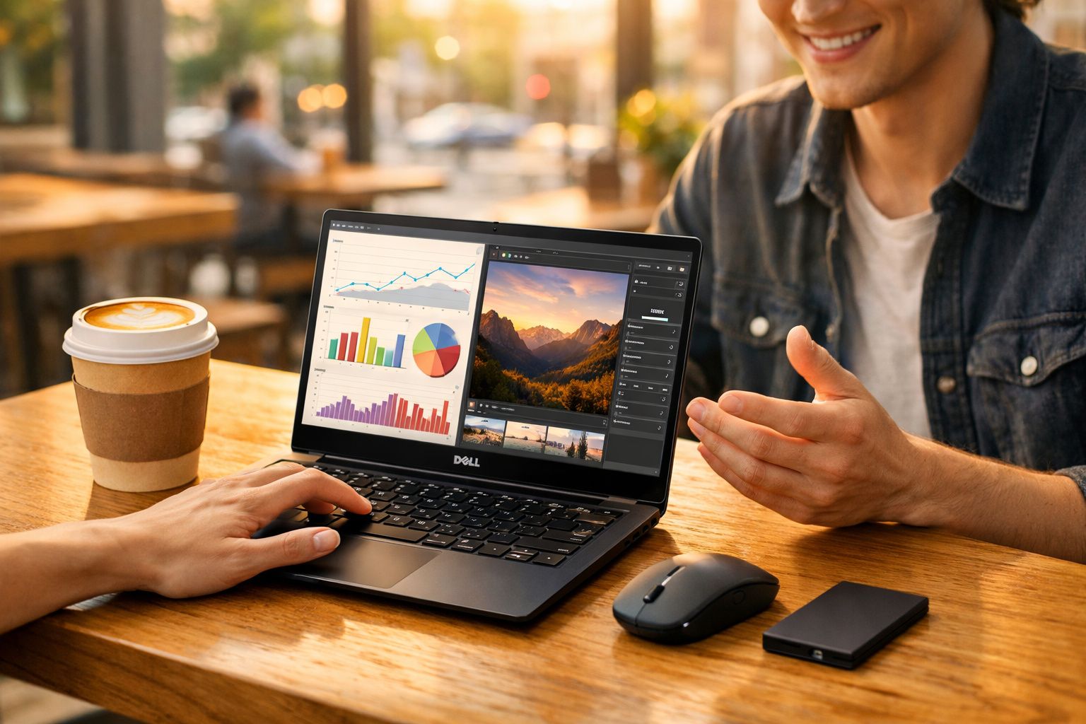 Duas pessoas em uma mesa de café com laptop exibindo gráficos e edição de fotos, acompanhado de café.