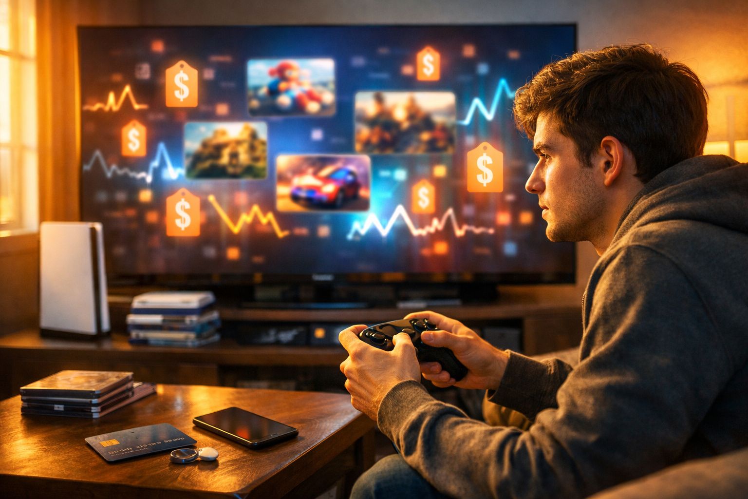 Homem jogando videogame em console com gráficos digitais e símbolos de dólar na tela da TV.