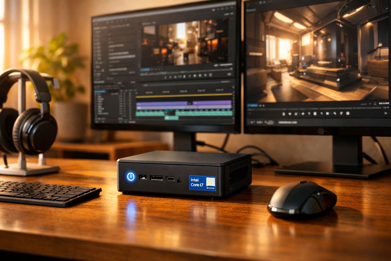 Computador compacto Intel Core i7 em mesa com teclado, mouse, fones e dois monitores com edição de vídeo.