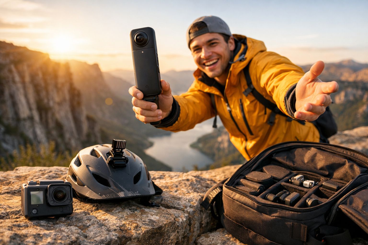 Homem sorridente com jaqueta amarela segurando câmera 360º em área de montanha ao pôr do sol.