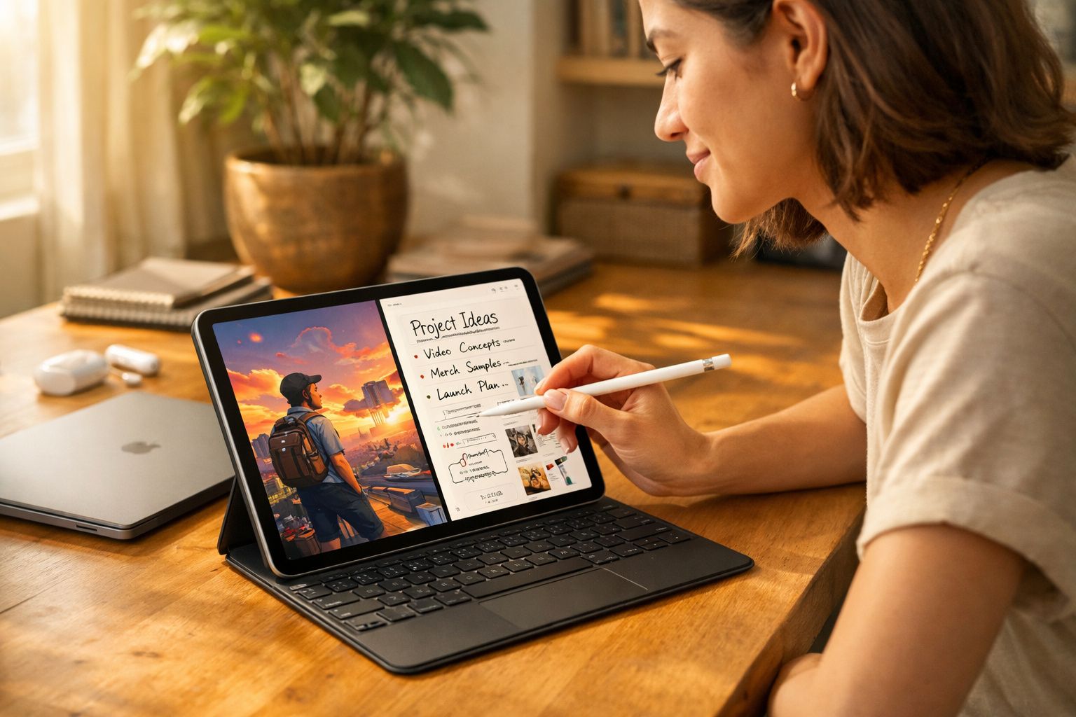 Mulher usando tablet com teclado e caneta digital, anotando ideias para projeto em mesa de madeira.