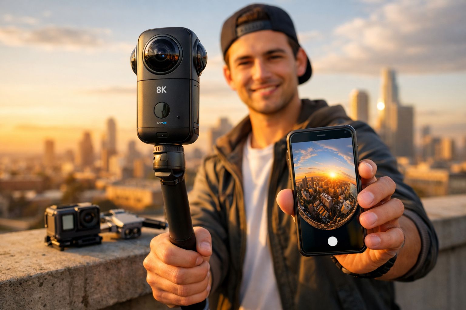 Homem segurando câmera 8K 360º e mostrando foto de cidade ao pôr do sol no celular.