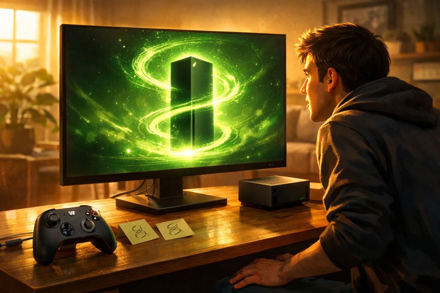Jovem observa monitor com imagem de torre verde e efeitos luminosos, controle e notas em mesa de madeira.