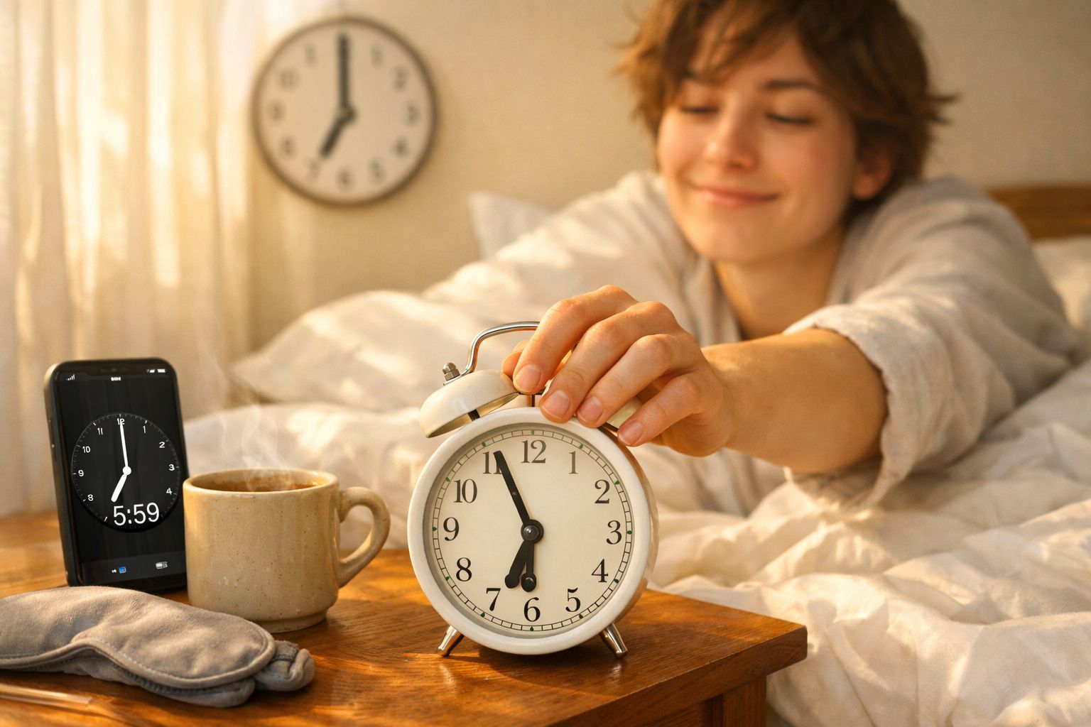 Pessoa acordando na cama, desligando despertador analógico branco às 6 horas da manhã.