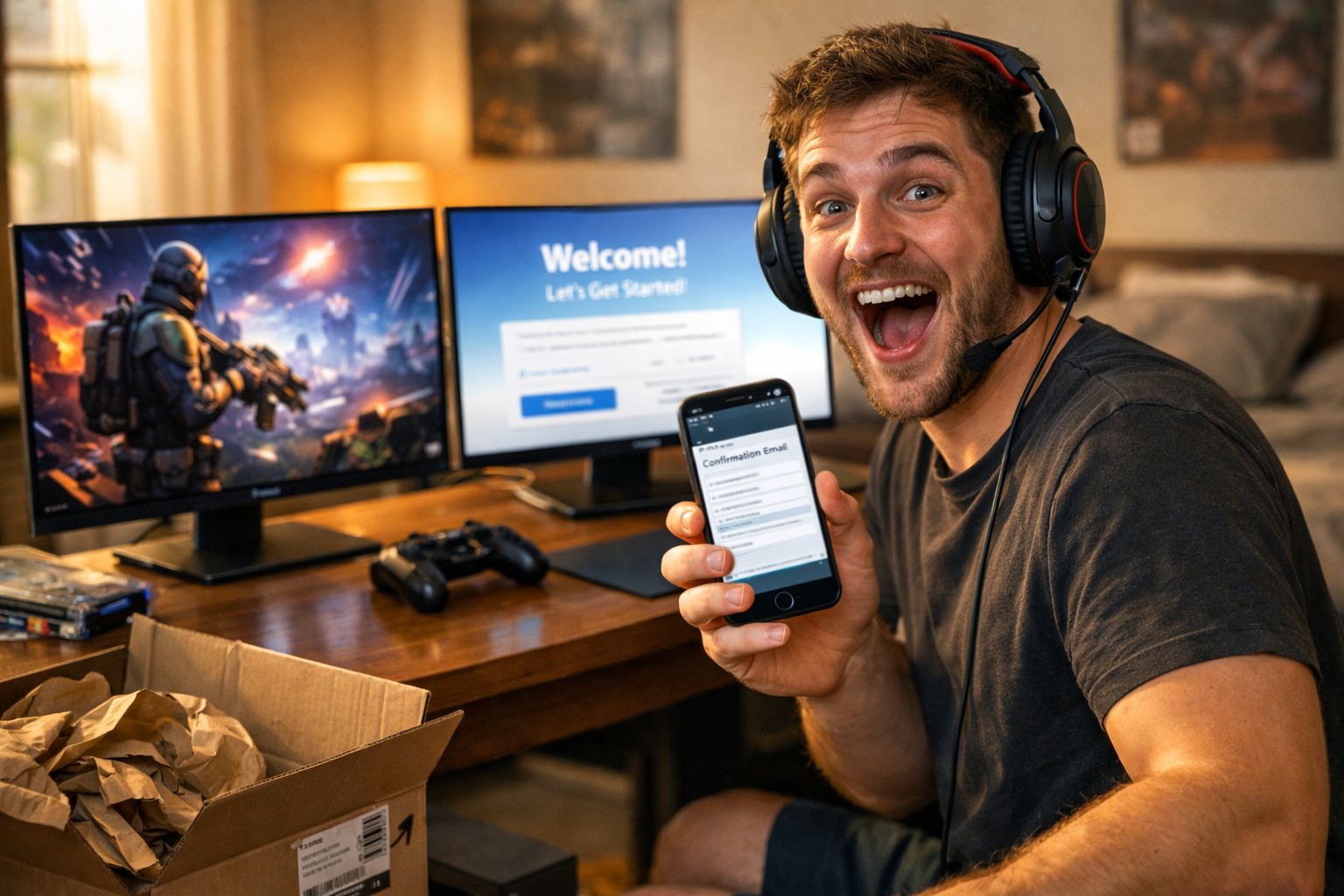 Homem sorridente com fone de ouvido mostra celular com confirmação de e-mail, com dois monitores de computador ao fundo.