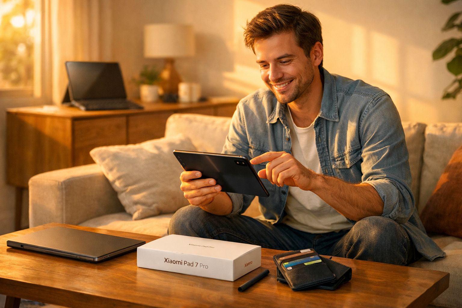 Homem sorridente sentado no sofá usando tablet Xiaomi Pad 7 Pro em ambiente iluminado e aconchegante.