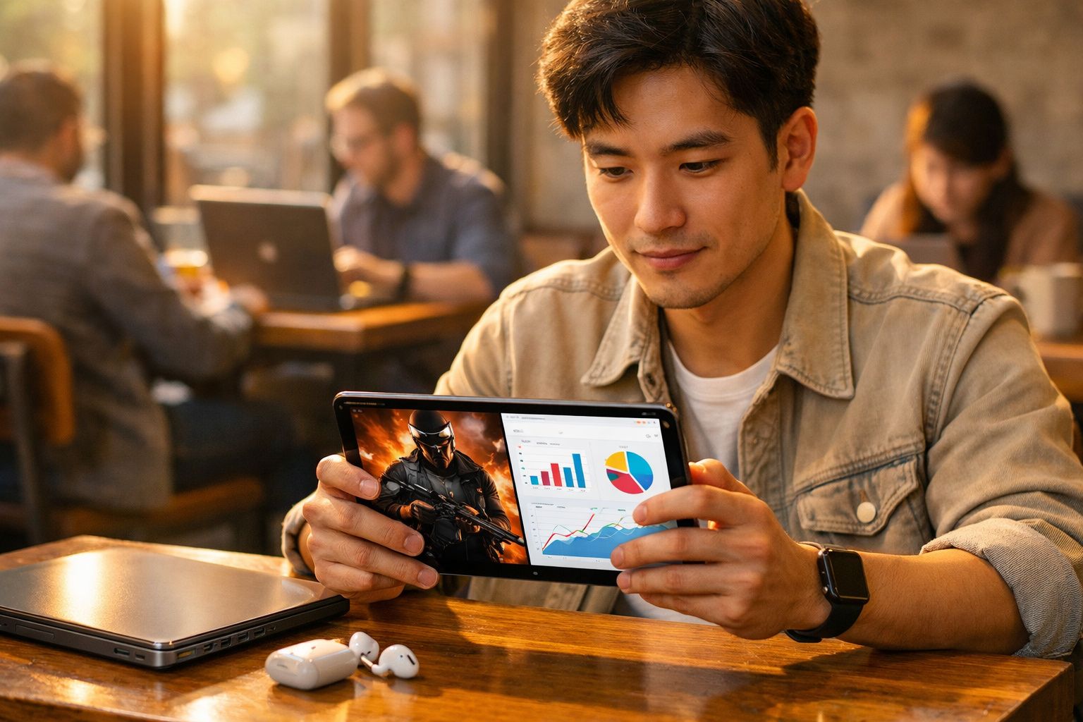 Homem sentado em cafeteria segurando tablet com gráficos e imagem de personagem de jogo.