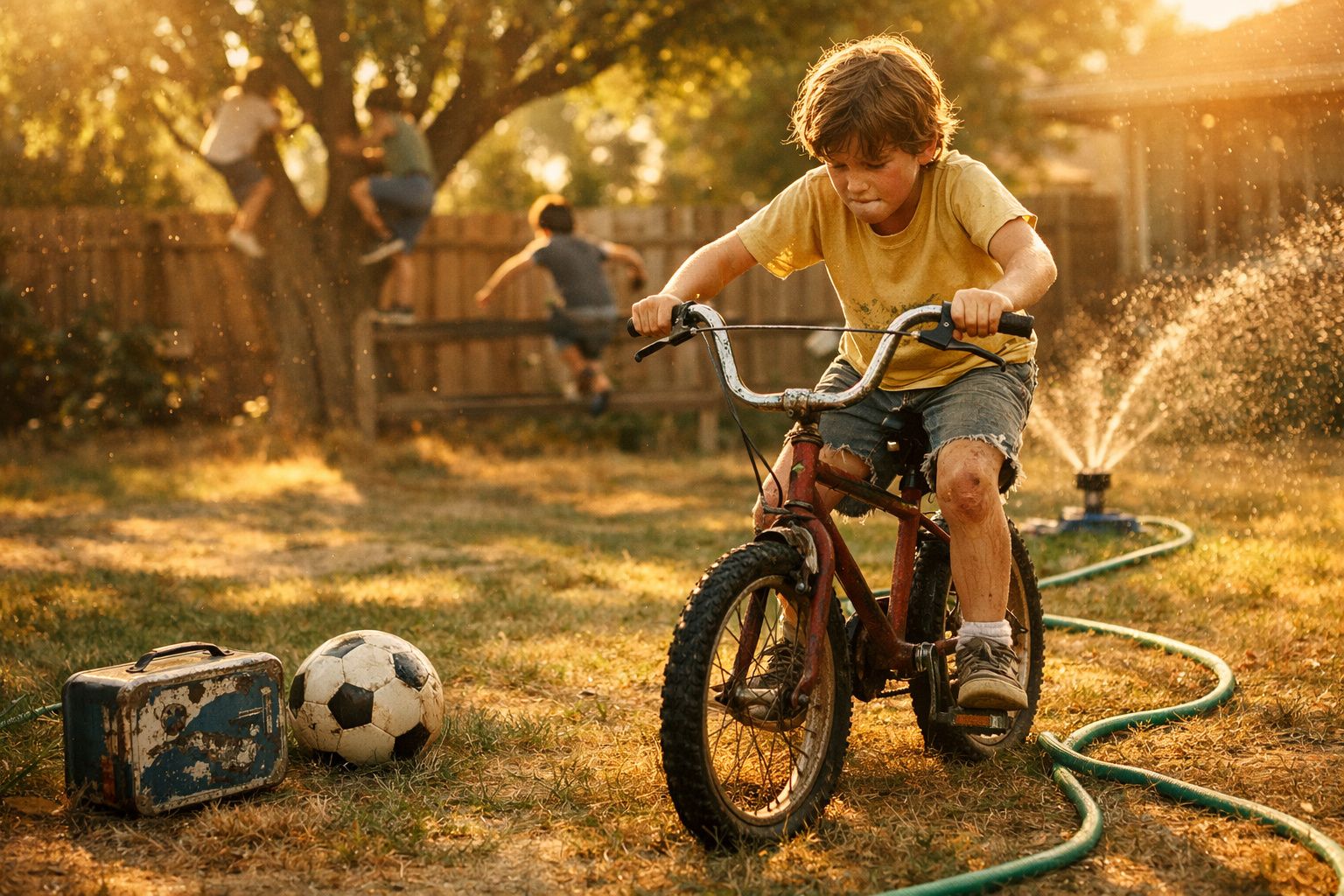 Criança andando de bicicleta em jardim com bola, lancheira e aspersor de água ligado ao fundo.
