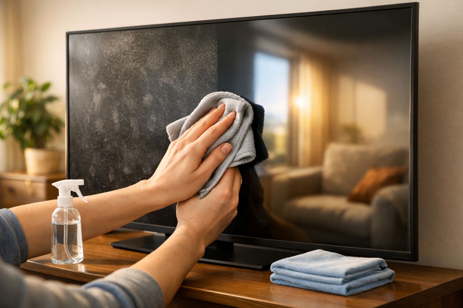 Pessoa limpando televisão com pano cinza e borrifador sobre móvel em sala iluminada.
