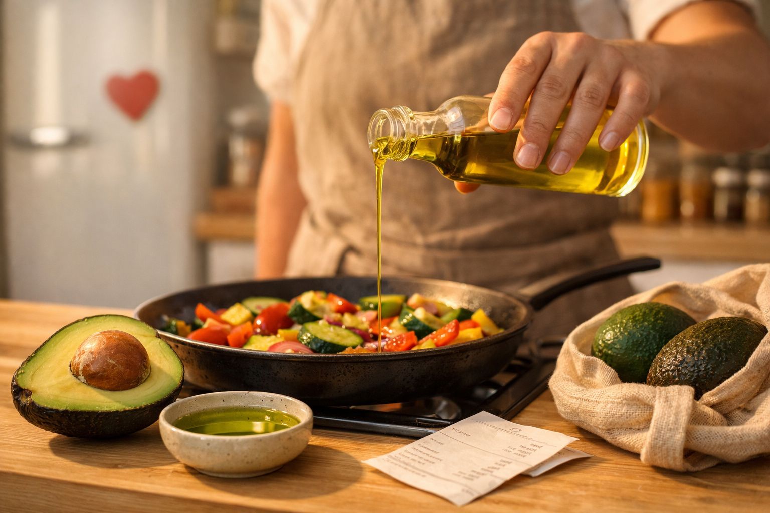 Pessoa despejando azeite em legumes variados em frigideira, com abacate cortado e inteiros ao lado.