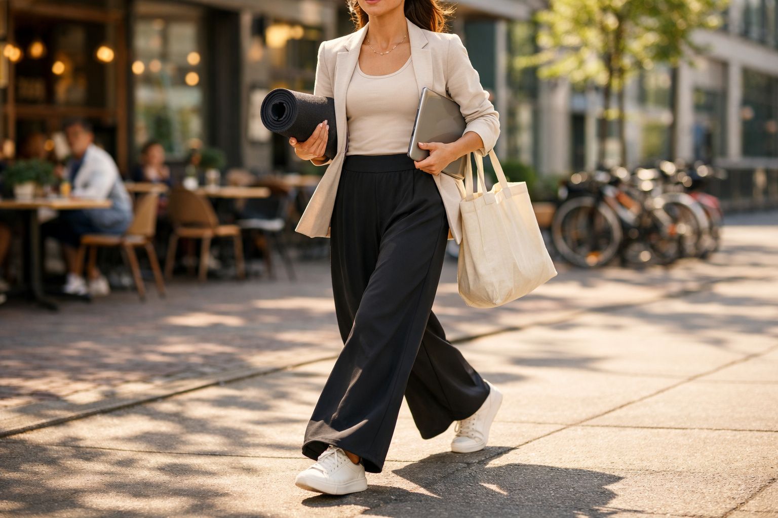 Pessoa caminhando em calçada urbana segurando tapete de yoga e laptop, com bolsa de pano no ombro.