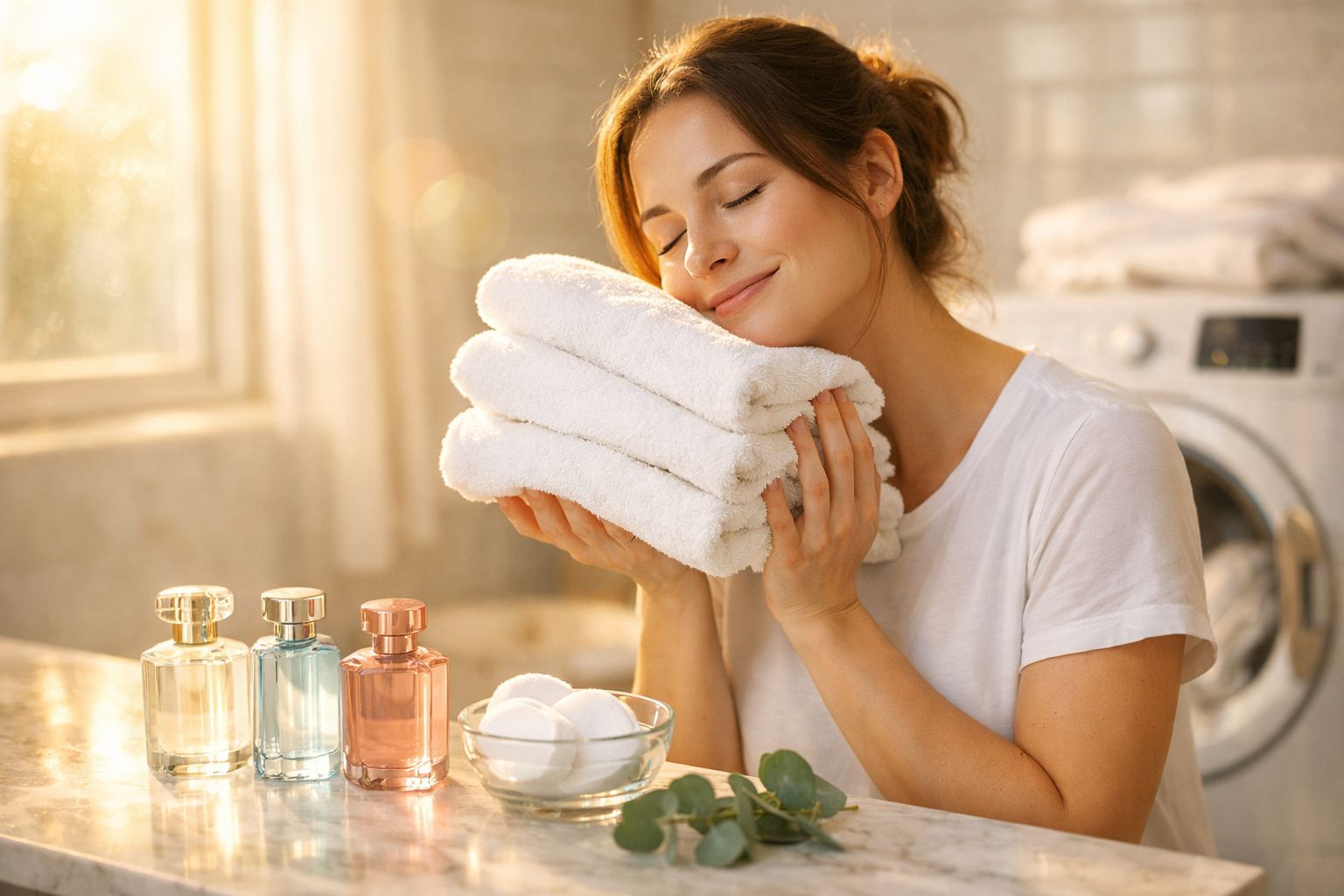 Mulher sorrindo cheirando toalhas brancas dobradas, com máquina de lavar ao fundo em ambiente iluminado.