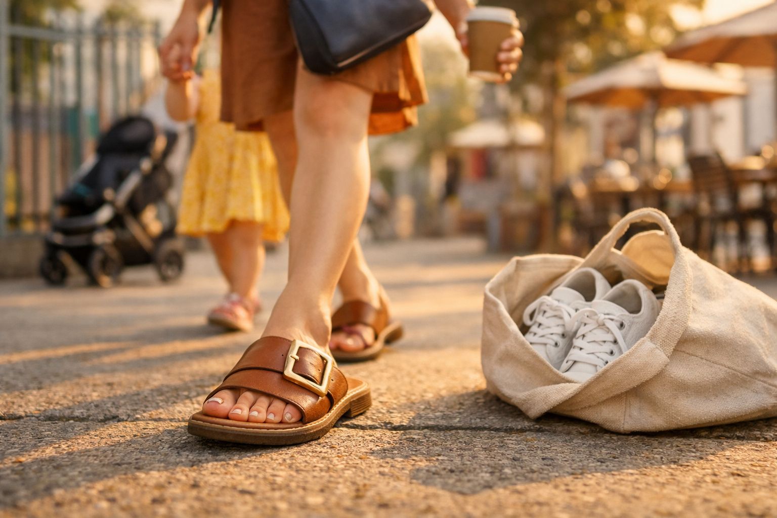 Saco de pano com tênis branco ao lado de pernas femininas de chinelo e criança ao fundo em rua ensolarada.