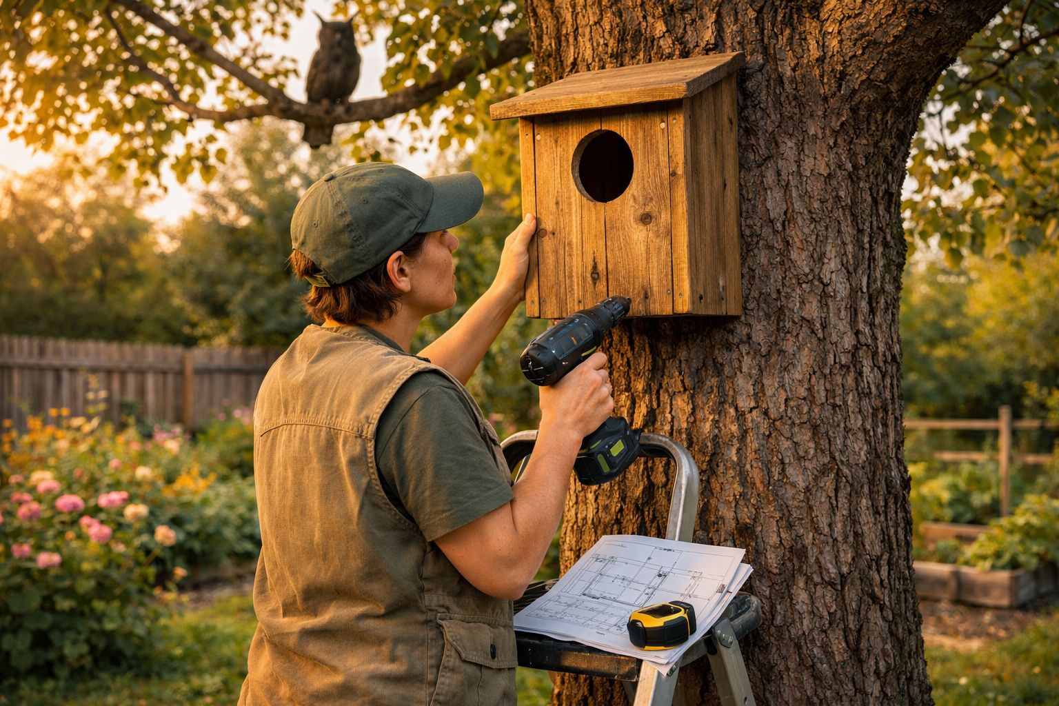 Pessoa instalando uma casinha de madeira para pássaros em árvore durante o pôr do sol.
