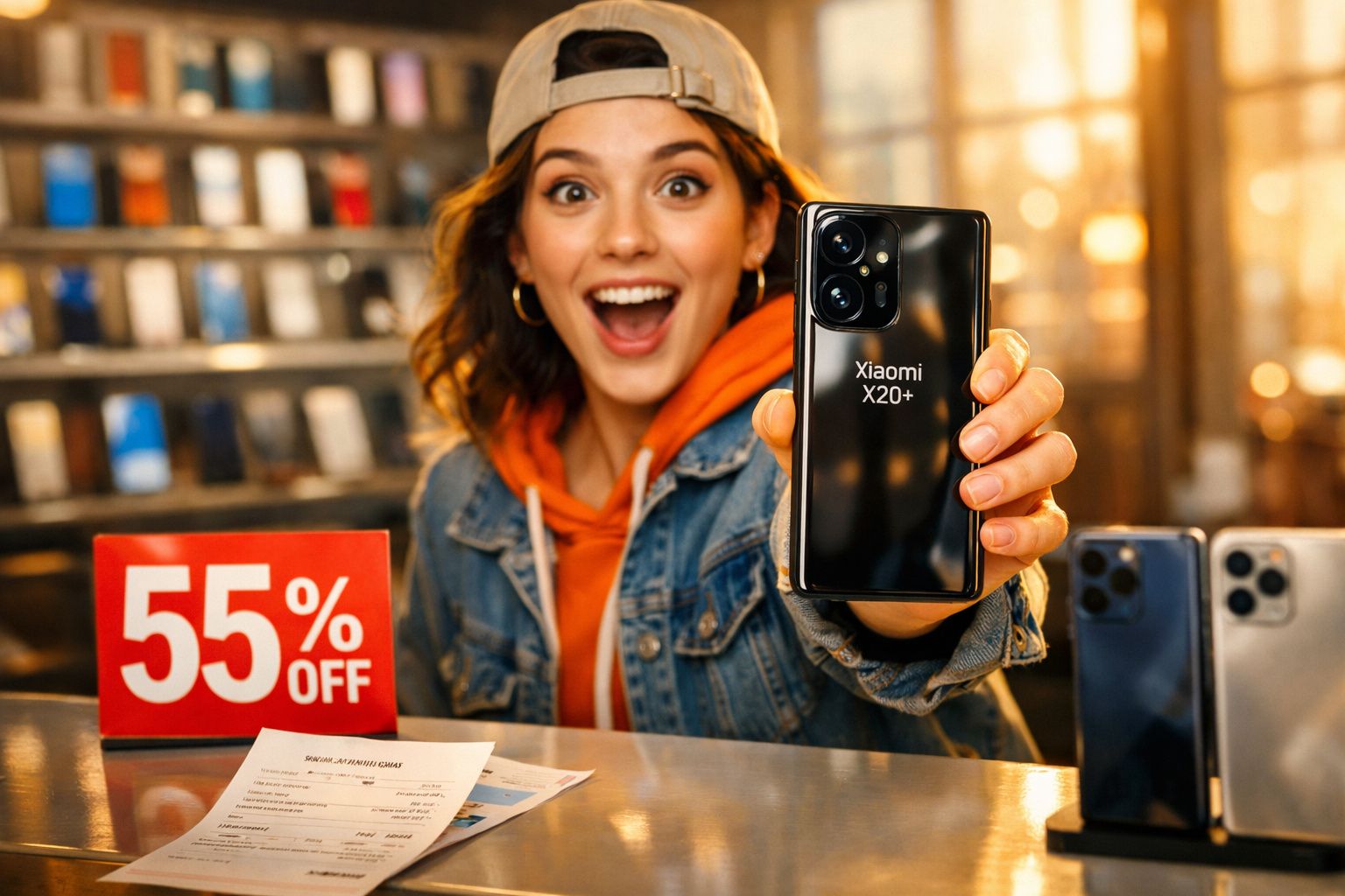 Mulher animada mostra smartphone Xiaomi X20+ com desconto de 55% em loja de tecnologia.