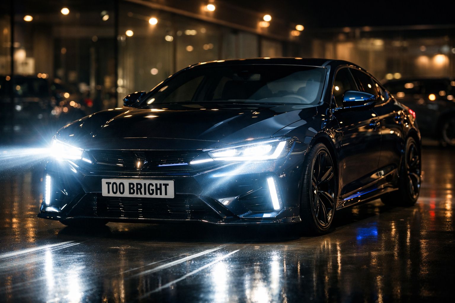 Carro preto com faróis acesos e placa personalizada "TOO BRIGHT" estacionado em ambiente urbano à noite.